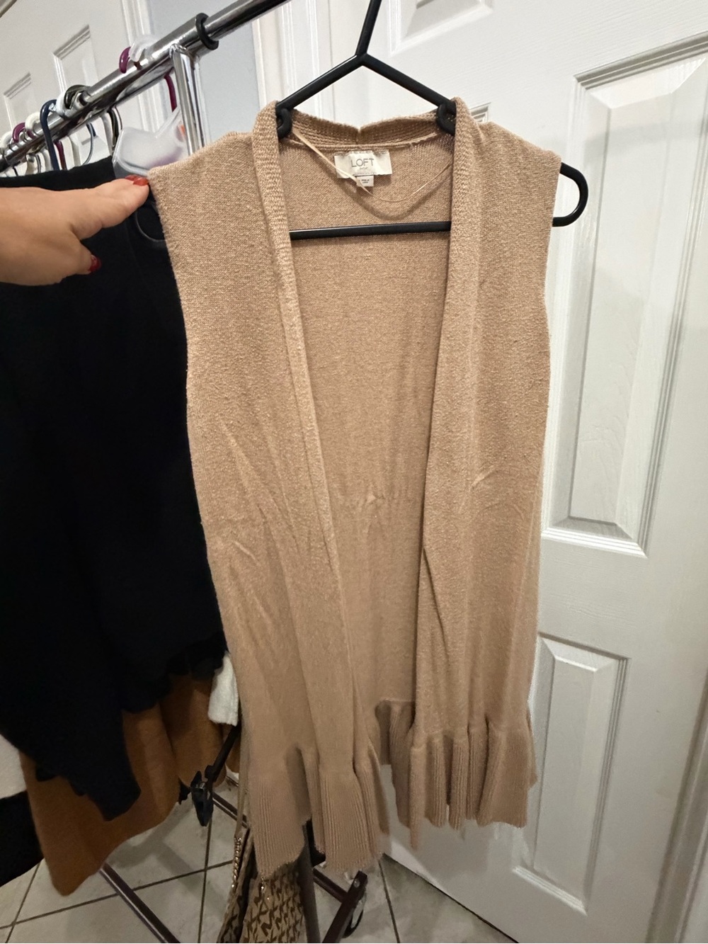 LOFT Tan Open-Front Ruffle-Hem Sleeveless Cardigan Vest